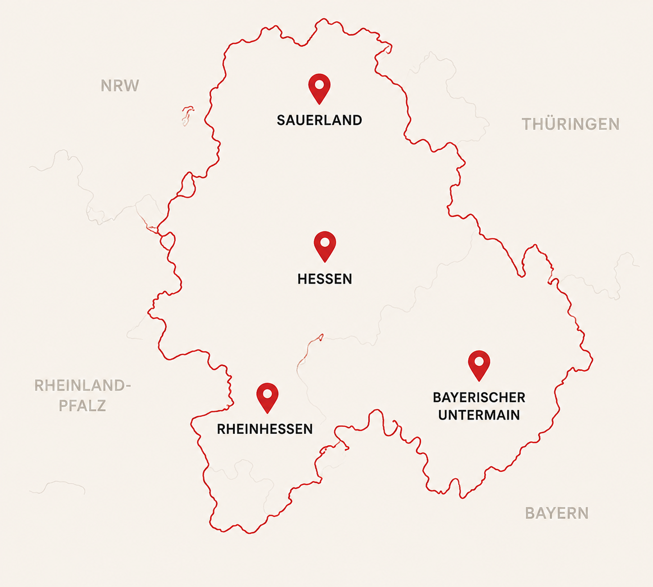 Karte der REWE Region Mitte mit Hessen, Rheinhessen, Sauerland und Bayerischem Untermain